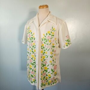 Vintage 70s Floral Vine Print Short Sleeve Button Up Shirt Spring Garden Large